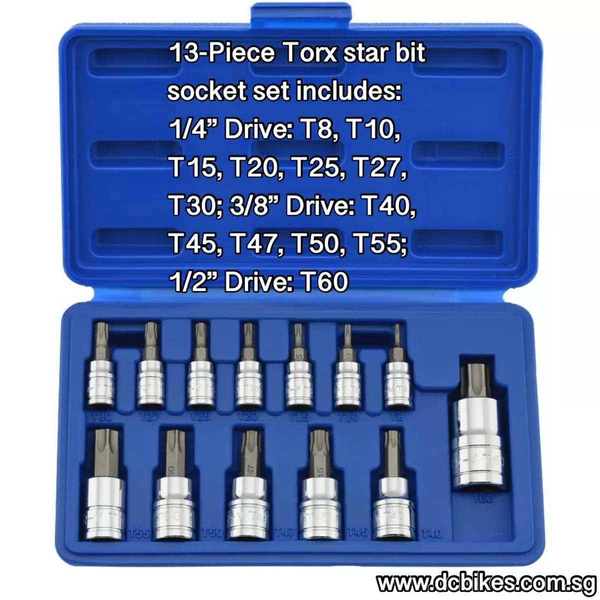 13 Pieces Steel Star Torx Bit 1/4” | 1/2” Drive T8 - T60 S2 Metric Hex Bit Socket Tool Box Set