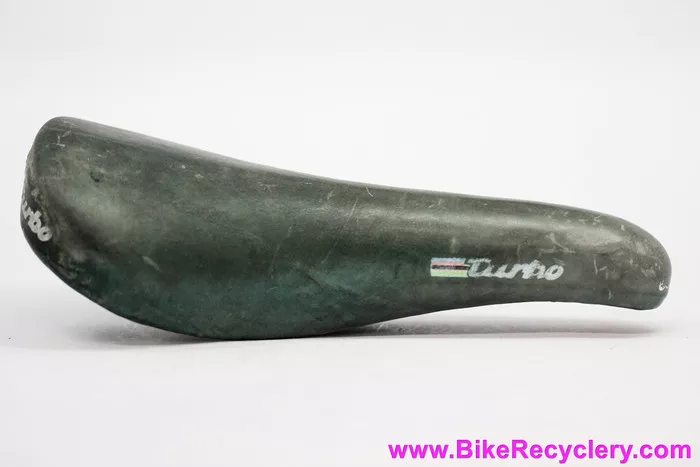 1985 Selle Italia Turbo Saddle: Smooth Green Leather w/ Patina - World Champion Stripes