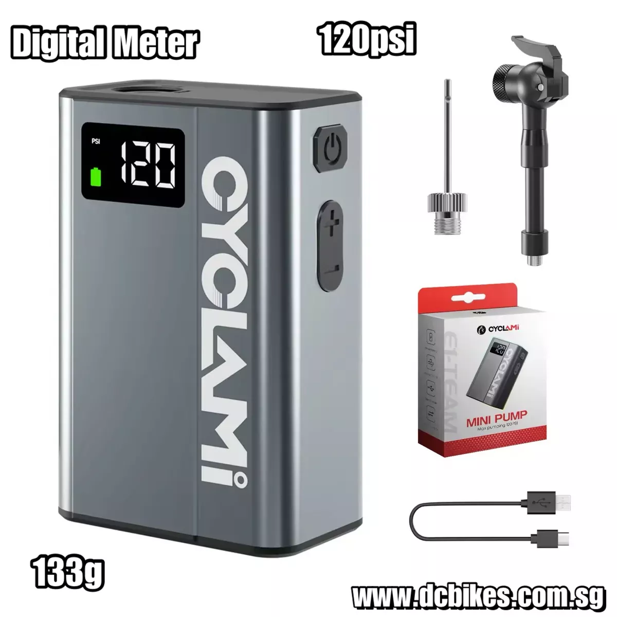 Cyclami E1 Team Digital Meter Guage Super Mini Electric Portable Bicycle Cordless Inflator Presta | Schrader Valve Air Pump 120psi | 133g
