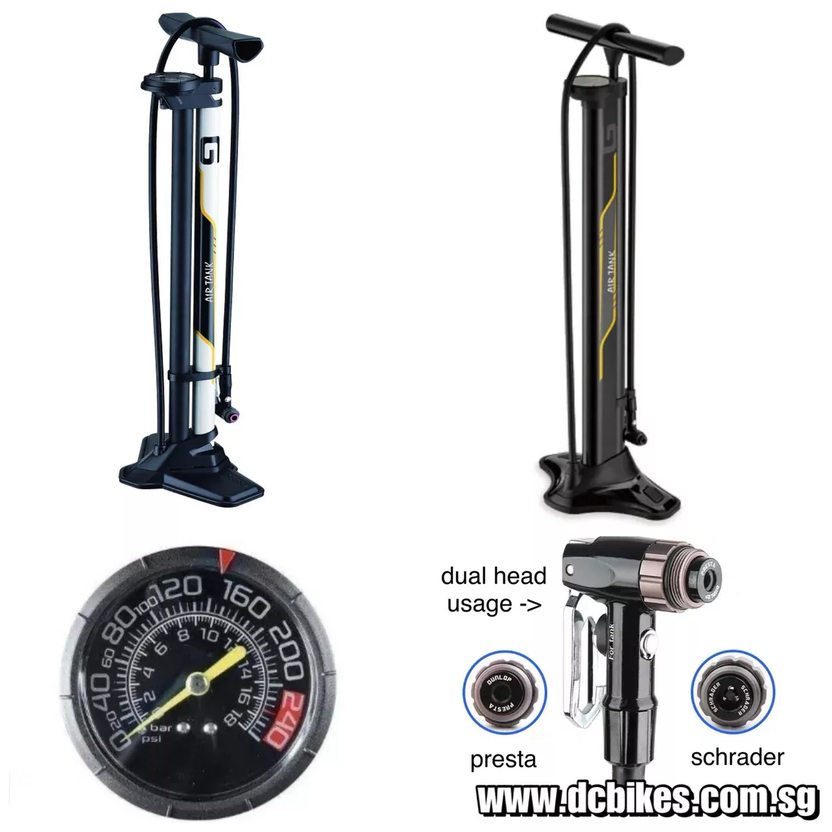 Giyo Taiwan Tubeless Ready Tyre AirBlast Presta | Schrader Canister Powerful Bicycle Floor Pump 240psi